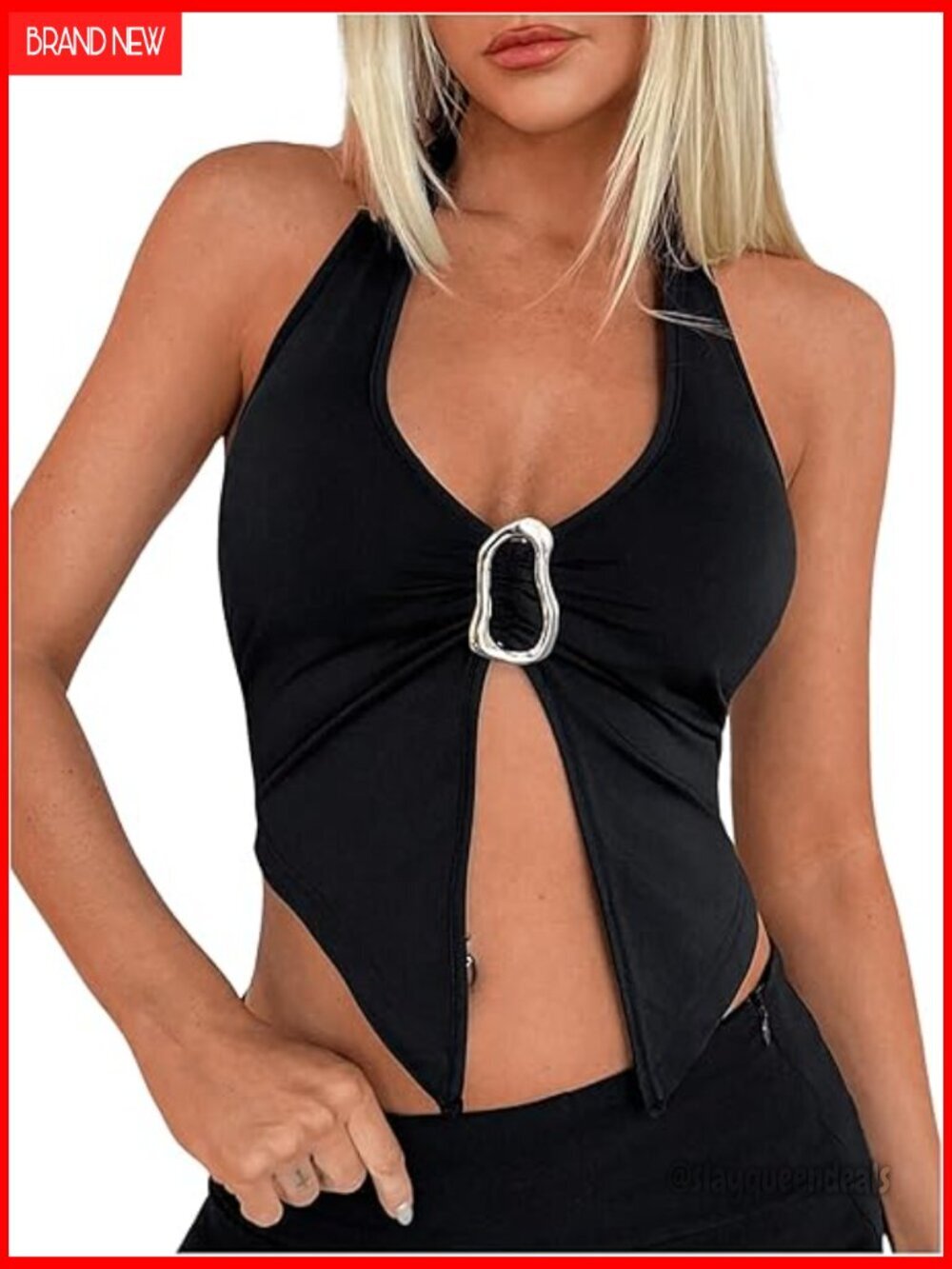 Women's Halter Deep V Neck Slit Tank Top Sleeveless Crop Festival Rave